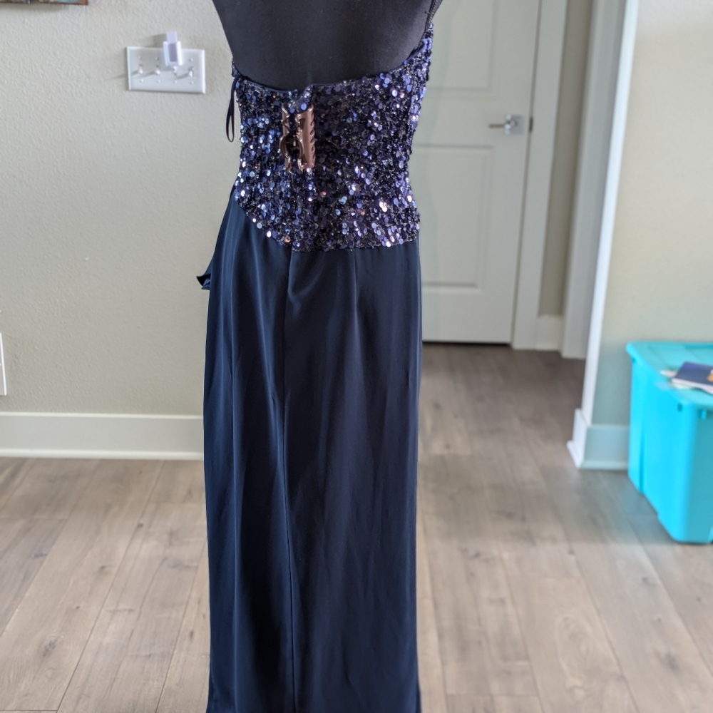 Badgley Mischka Navy Blue Strapless Sequins Ruffle Long Gown Dress Size 12 - Picture 6 of 16